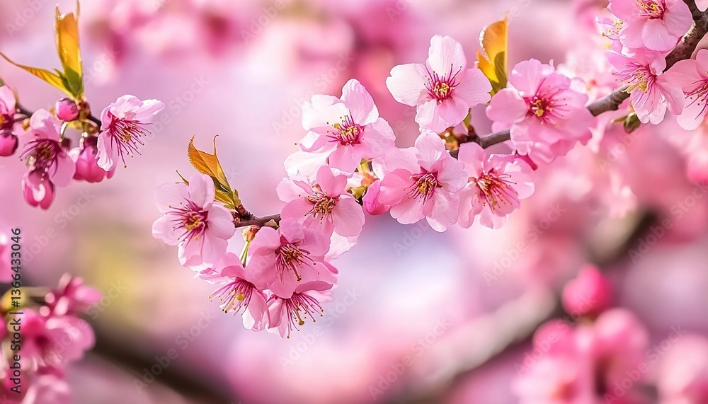Naklejka premium close-up pink cherry blossoms, soft lighting, shallow depth of field, delicate petals, pastel colors, bokeh background