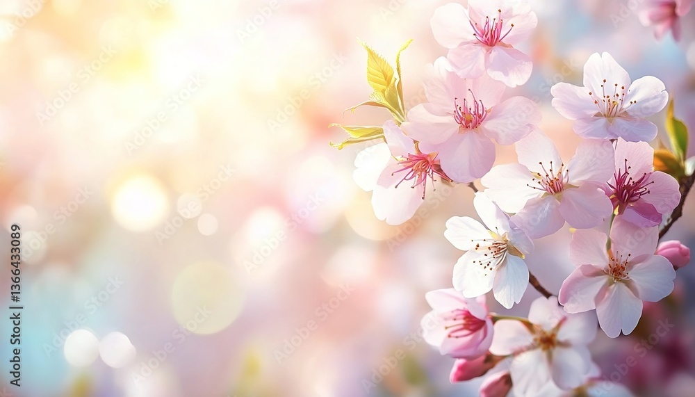 A blooming cherry blossom branch with pink petals and green leaves, a blurred background of a pink flower sea, sunlight casting a warm glow A blooming cherry blossom branch with pink petals and green leaves, a blurred background of a pink flower sea, sunlight casting a warm glow
