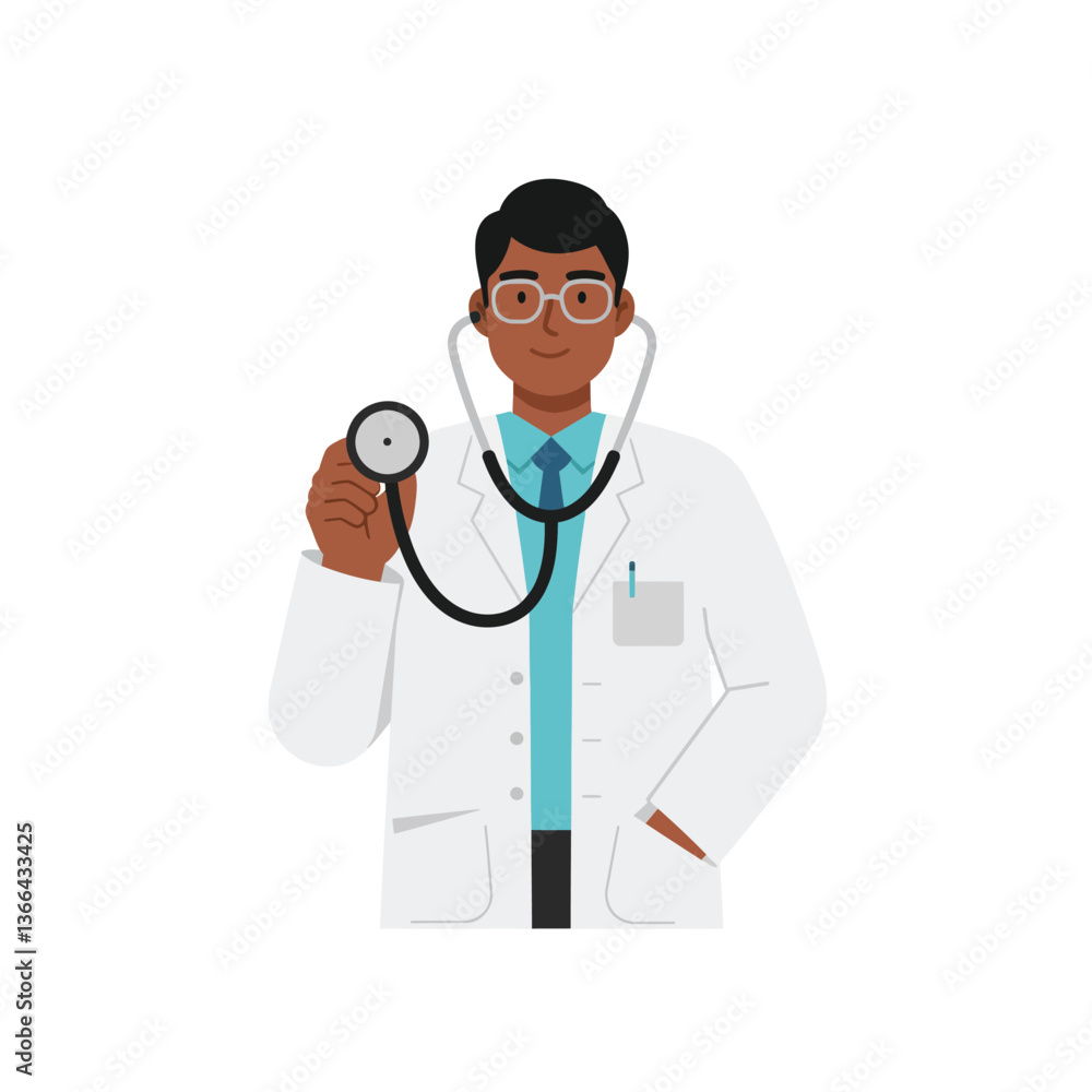 Confident male doctor in a white coat holding a stethoscope in a flat and minimal design vector art Confident male doctor in a white coat holding a stethoscope in a flat and minimal design vector art