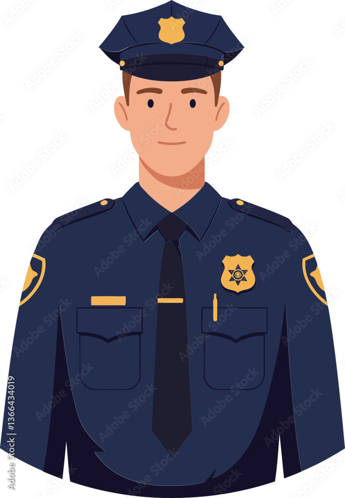 Confident police officer in uniform with a navy blue shirt and cap, minimal design style, smiling expression, vector illustration