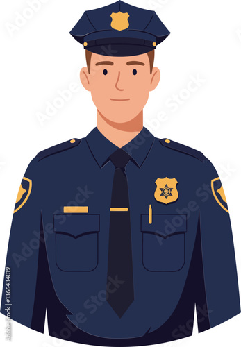 Obraz na płótnie Confident police officer in uniform with a navy blue shirt and cap, minimal design style, smiling expression, vector illustration w salonie