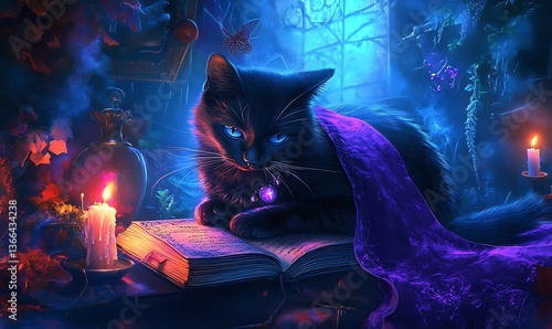 A black cat reading an old book surrounded by magic