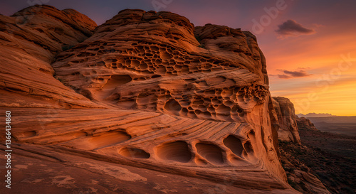 Sunset paints a sandstone bluff with captivating honeycomb weathering patterns