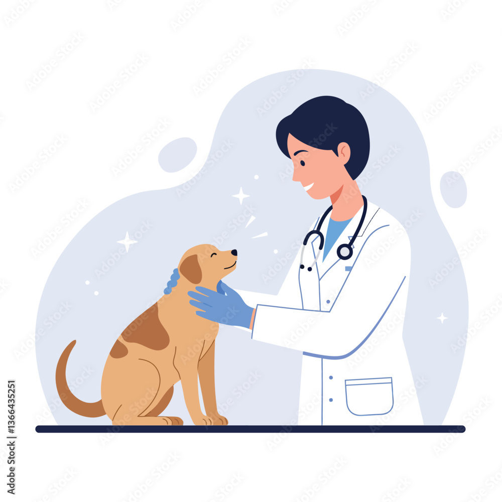 A veterinarian in a white coat gently interacting with a happy dog in a minimal flat vector illustration