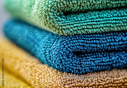A stack of neatly folded towels in green, brown, and blue colors, a blurred light-colored wall background