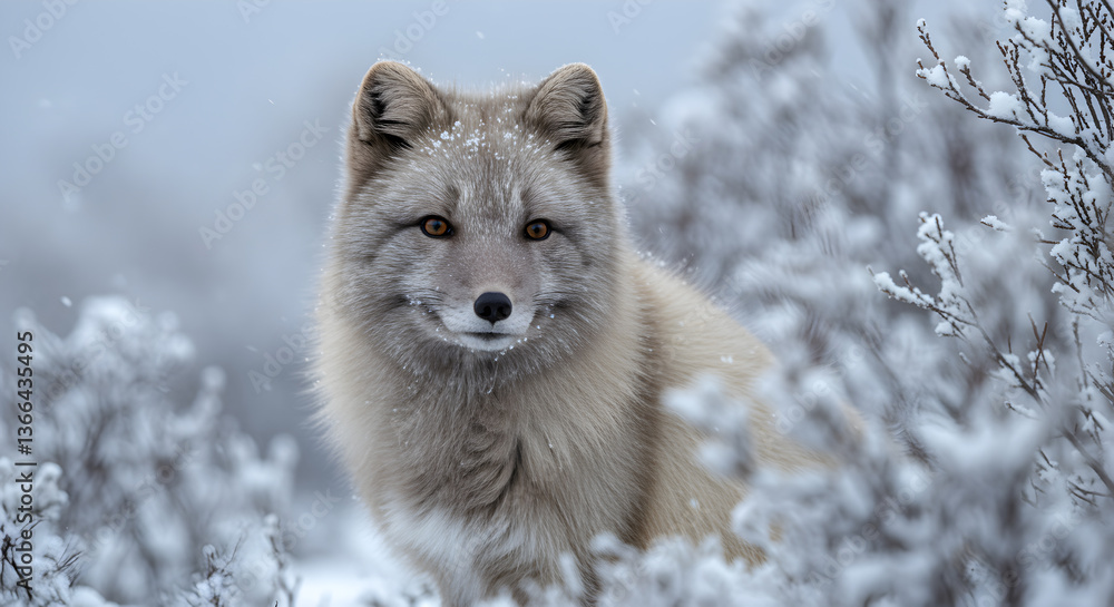 Fototapeta premium Captivating arctic fox portrait amidst snow covered shrubbery during winter days
