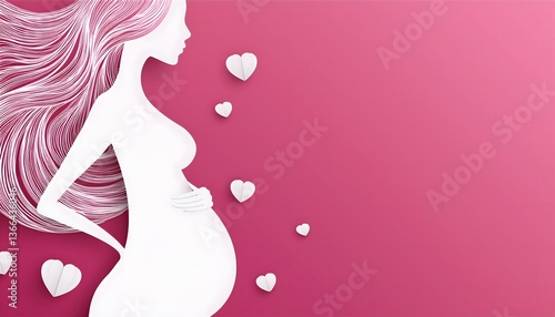 beautiful smile pregnant mom, papercut illustration, isolated on a pink background, flat vector illustration, copy space for text