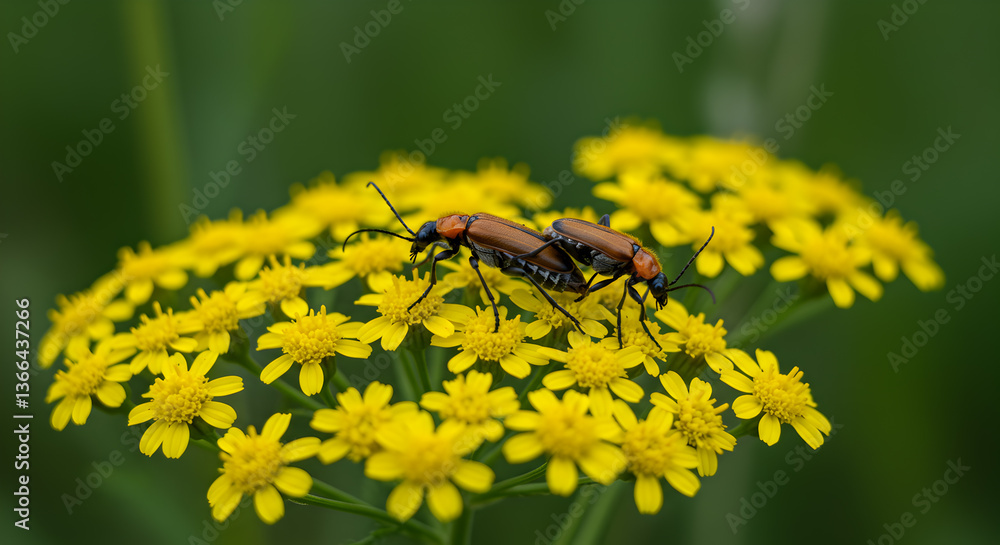 Soldier beetles mating on bright yellow yarrow flowers in a natural setting Soldier beetles mating on bright yellow yarrow flowers in a natural setting
