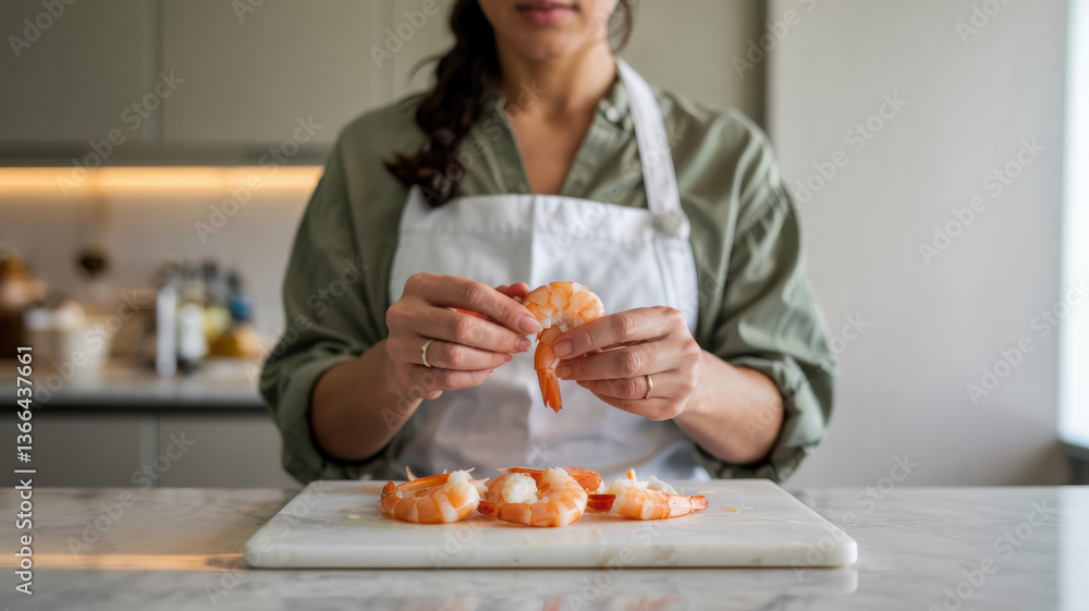 Woman Peeling Raw Shrimp by Hand in Bright Kitchen Woman Peeling Raw Shrimp by Hand in Bright Kitchen