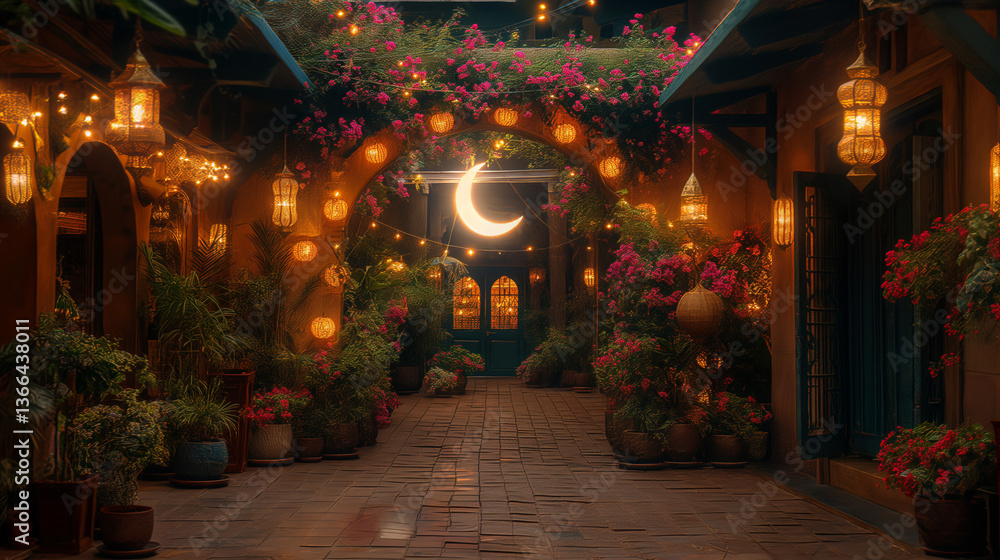 Enchanting Arabian Courtyard at Night with Crescent Moon and Lanterns Enchanting Arabian Courtyard at Night with Crescent Moon and Lanterns