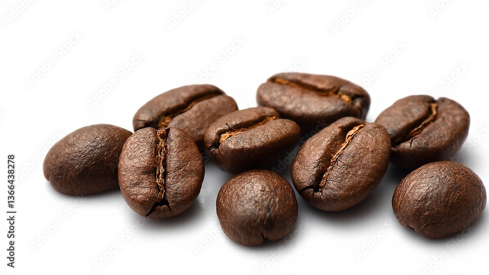 Obraz premium Roasted coffee beans sit arranged closely on white surface showing textures aroma and details