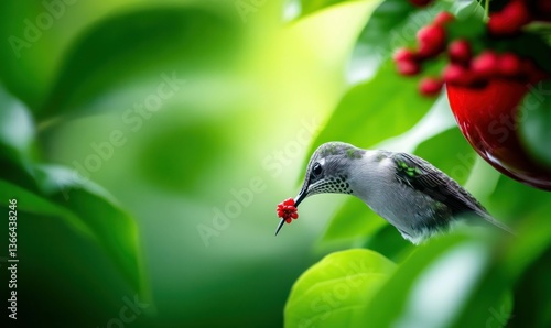 A delicate hummingbird sips nectar from a bright red flower surrounded by lush green leaves.