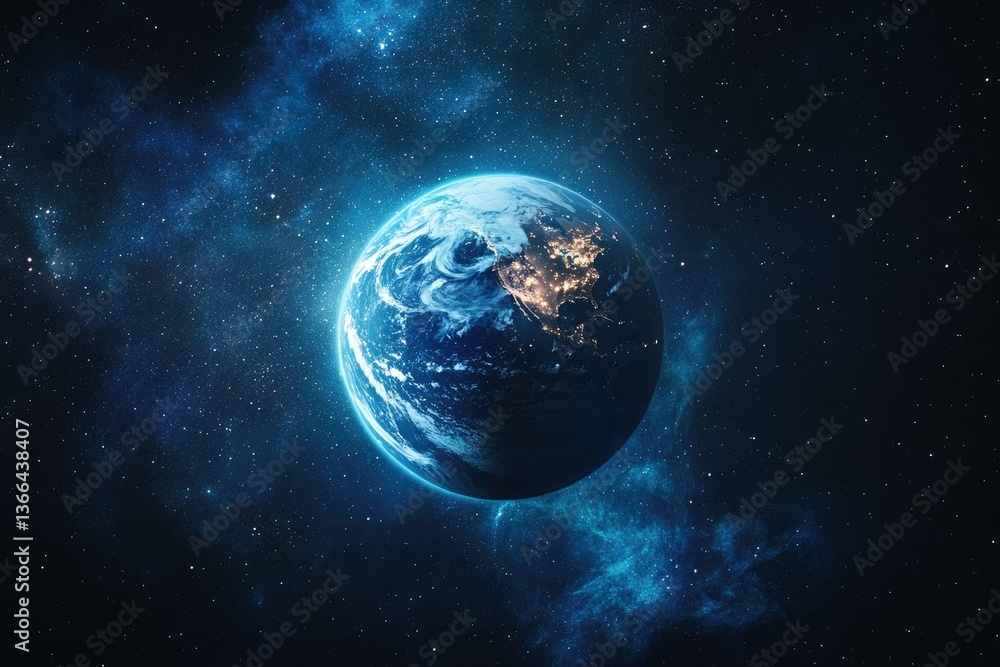 A stunning view of Earth from space. showcasing vibrant blue oceans and green landmasses. surrounded by a backdrop of twinkling stars and cosmic clouds. perfect for educational use A stunning view of Earth from space. showcasing vibrant blue oceans and green landmasses. surrounded by a backdrop of twinkling stars and cosmic clouds. perfect for educational use