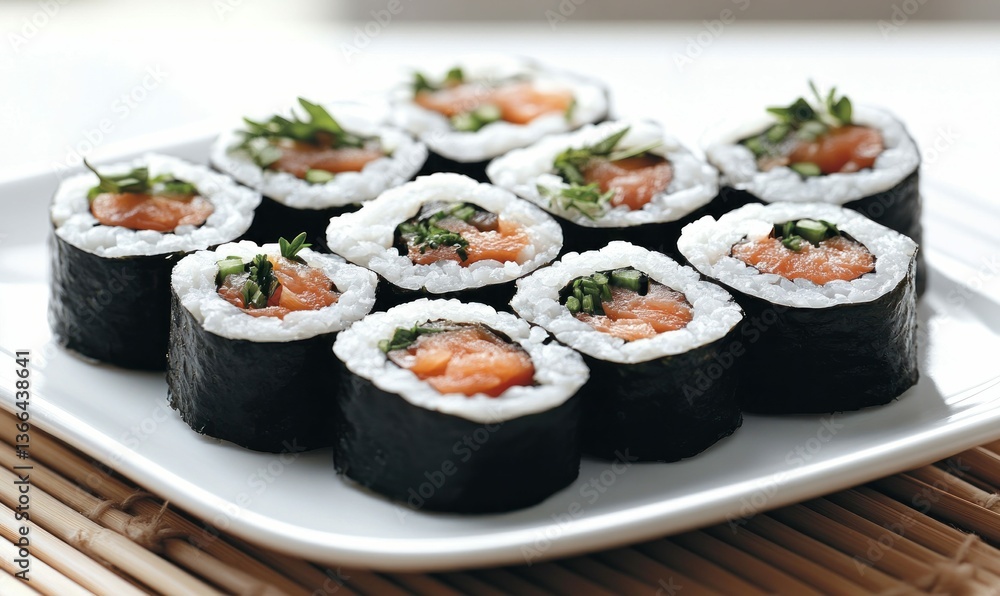 An assortment of salmon maki sushi, topped with fresh herbs, neatly arranged on a white plate. An assortment of salmon maki sushi, topped with fresh herbs, neatly arranged on a white plate.