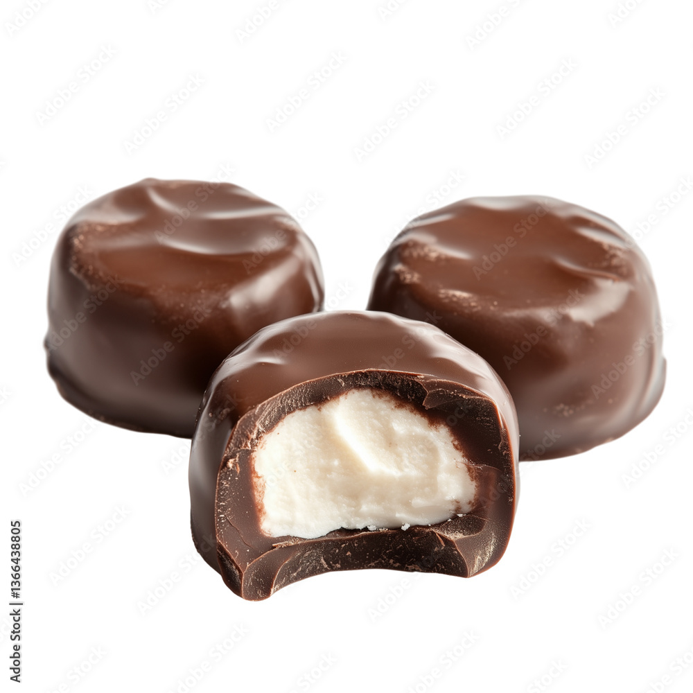 chocolate round candies with cream filling inside, isolated on a white background chocolate round candies with cream filling inside, isolated on a white background