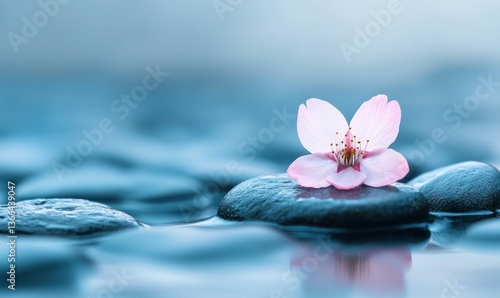 A single pink cherry blossom rests peacefully on dark stones in a tranquil pool of water.