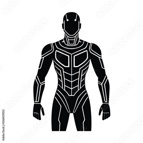 Black and white vector illustration of a man in a suit, cartoon character style with superhero and fashion elements