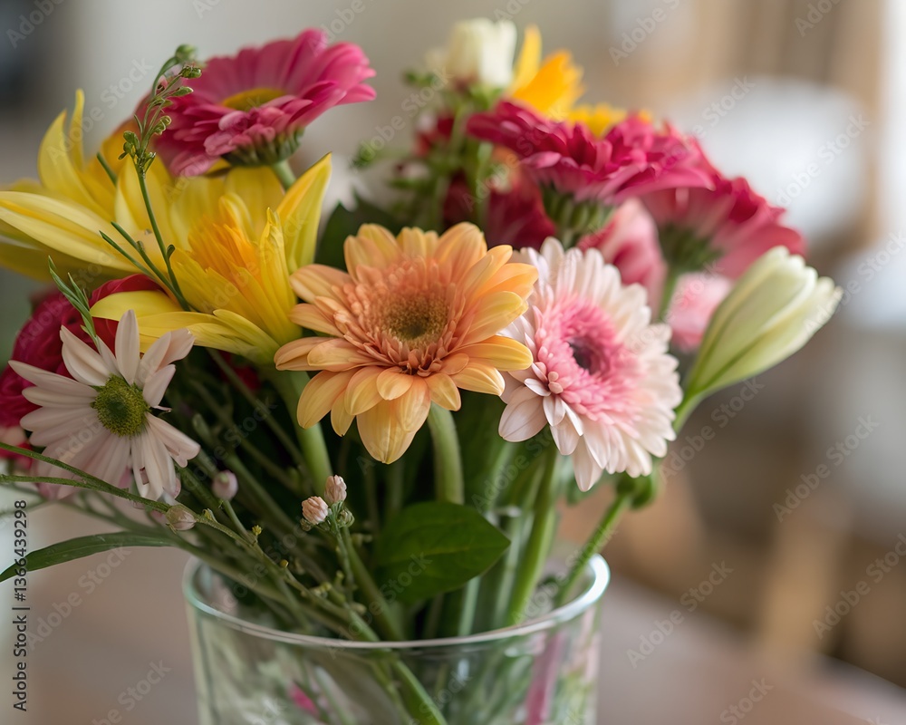 Fototapeta premium Bright Bouquet of Gerberas, Daisies, and Chrysanthemums in a Vase