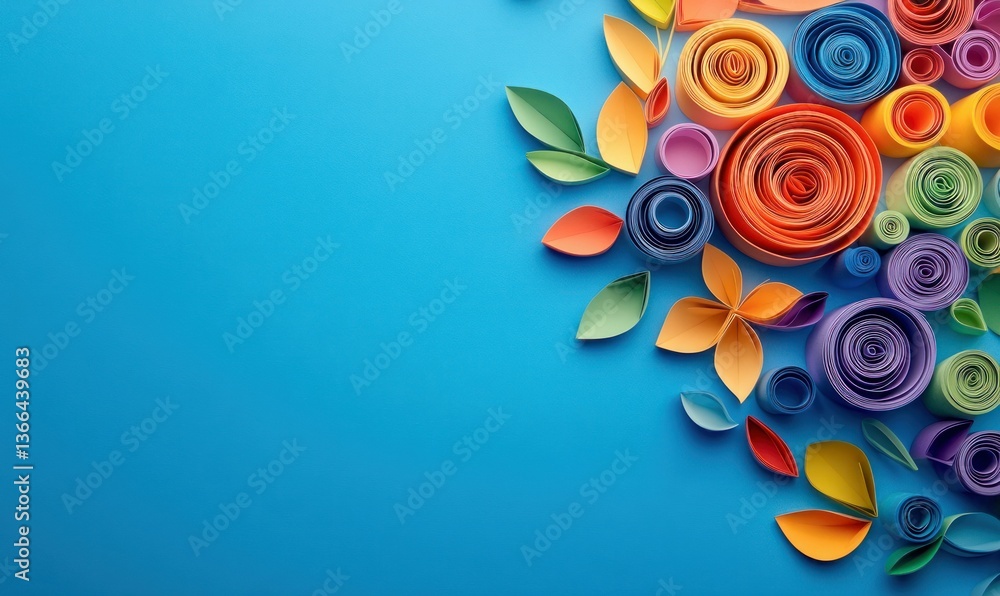 A vibrant collection of handmade paper flowers and leaves creates a colorful flourish against a bright blue. A vibrant collection of handmade paper flowers and leaves creates a colorful flourish against a bright blue.