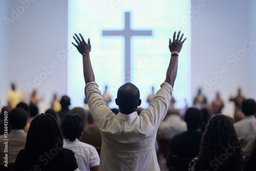 African American men and women raised their hands in church, with the back view showing people sitting on chairs watching them Generative AI