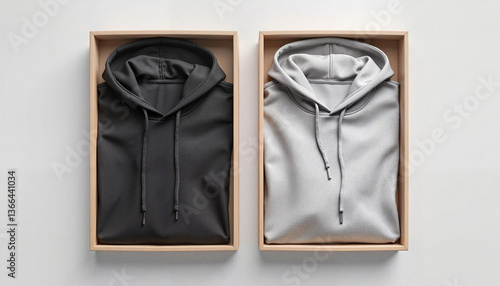 High-end hoodie mockup in different colors neatly folded inside a luxury clothing box with a minimalist aesthetic