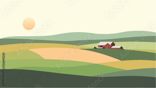 Farm landscape. Green farm field. Vector illustration. 