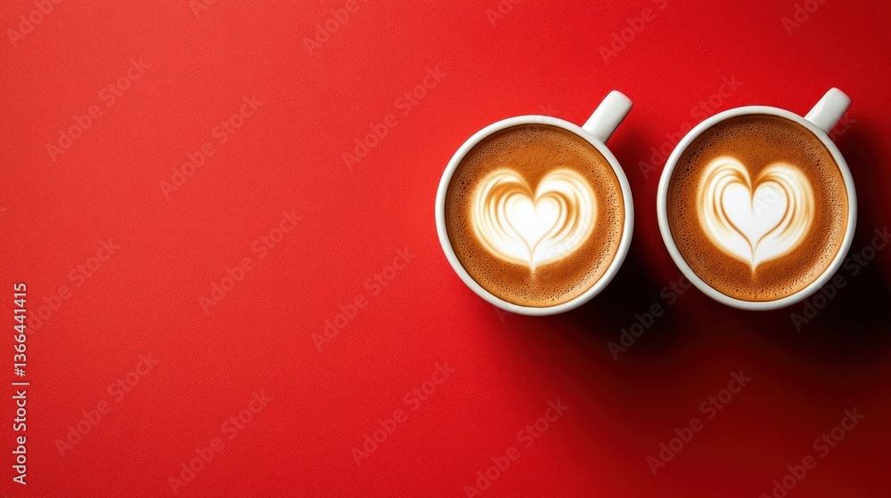 Two heart-shaped latte art coffees on red background Two heart-shaped latte art coffees on red background