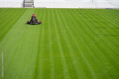 Obraz na płótnie Mowing grass at the football stadium w salonie