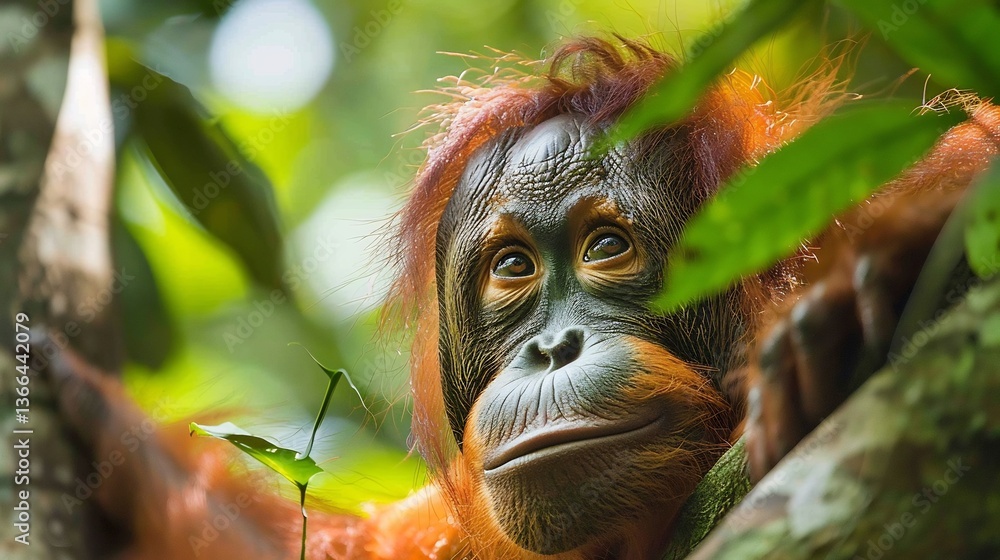 Obraz premium Conserving Bornean orangutan vital deforestation push intelligent primate toward extinction Clinging towering tree tropical rainforest reddish fur glow under sunlight Protecting habitat key ensuring