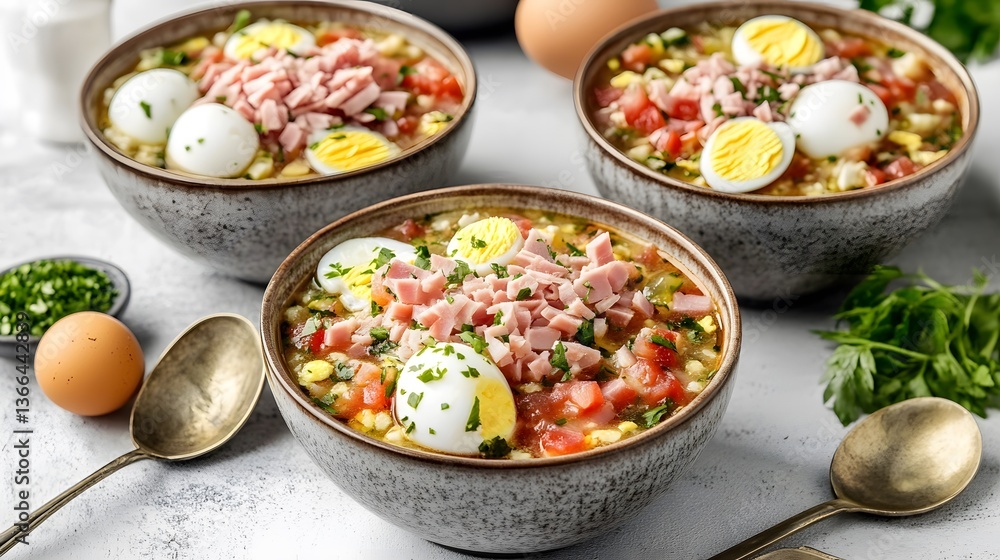 Delicious Ham and Egg Soup in Bowls, Appetizing Food Photography Delicious Ham and Egg Soup in Bowls, Appetizing Food Photography