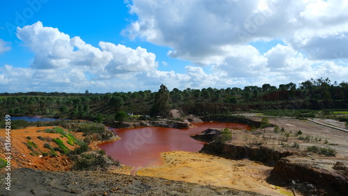 Mine lakes with red and blue color of water