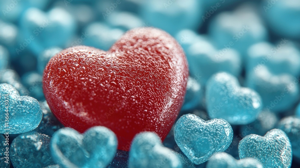 Obraz premium Vibrant red heart candy amidst a sea of blue