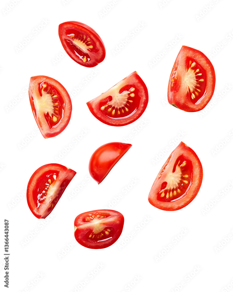 Falling Red Tomato Slices on Transparent Background, PNG Falling Red Tomato Slices on Transparent Background, PNG