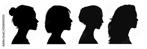 Set of young woman profile silhouette, beautiful girl - vector illustration