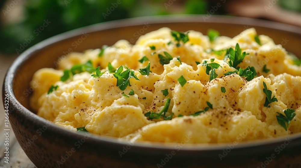 Close-up of scrambled eggs with fresh herbs, fluffy and appetizing, in a brown bowl Close-up of scrambled eggs with fresh herbs, fluffy and appetizing, in a brown bowl