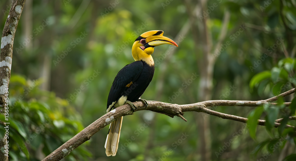 Magnificent yellow-casqued hornbill perched gracefully on a branch in its habitat Magnificent yellow-casqued hornbill perched gracefully on a branch in its habitat