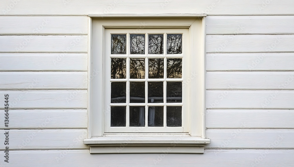 Fototapeta premium A white-framed window with multiple small panes, installed on a white wall, reflecting blurred tree shadows outside, creating a simple and modern atmosphere