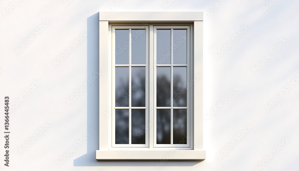A white-framed window with multiple small panes, installed on a white wall, reflecting blurred tree shadows outside, creating a simple and modern atmosphere A white-framed window with multiple small panes, installed on a white wall, reflecting blurred tree shadows outside, creating a simple and modern atmosphere