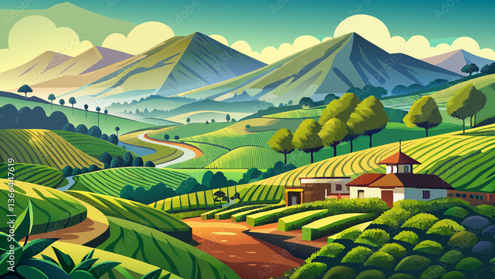 Fototapeta premium landscape in the mountains Tea plantations in Munnar, Kerala, India tourism photography generative