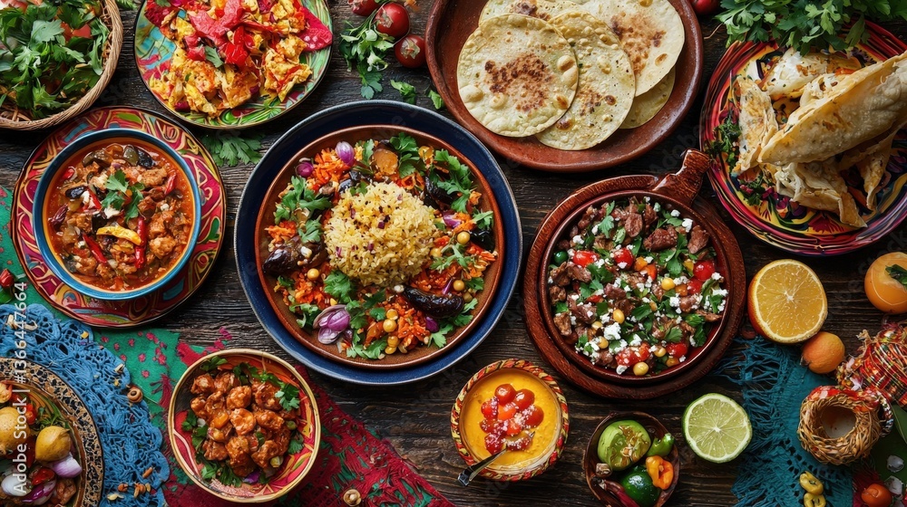 Vibrant middle eastern feast with colorful dishes on rustic wooden table Vibrant middle eastern feast with colorful dishes on rustic wooden table