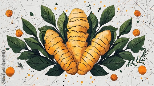 Hand drawn turmeric with leaves high resolution photo