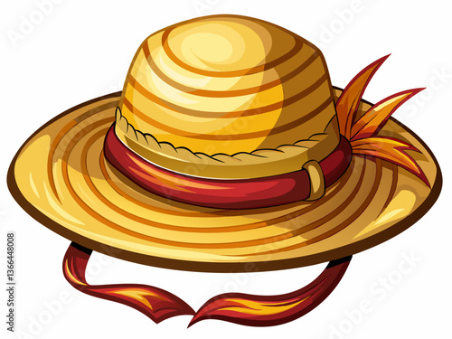 vector of A straw hat with a wide brim and a brown ribbon around the crown. The hat is made of woven straw and has a slightly rounded crown.