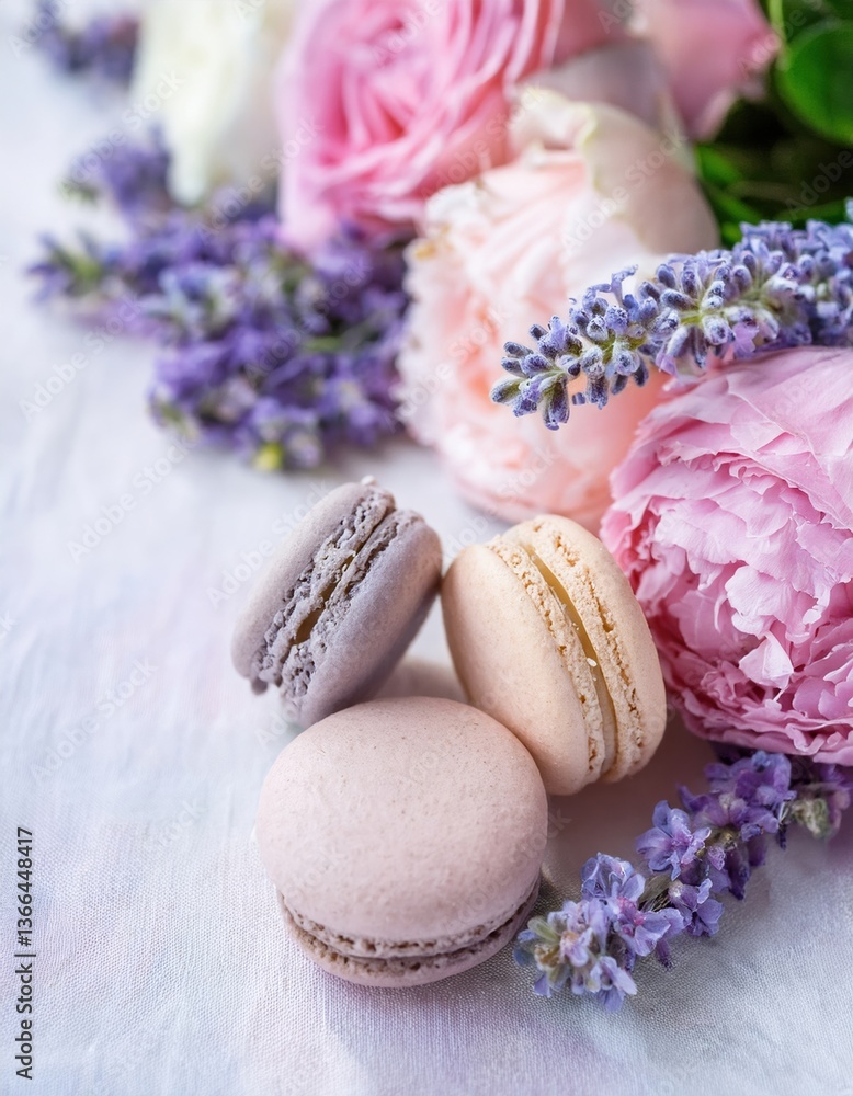 Fototapeta premium Pastel macarons with pink roses and lavender arrangement