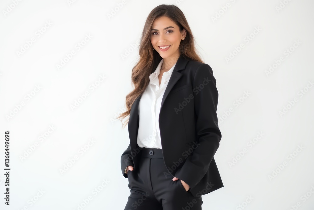 Half-Length (Waist-Up) portrait of young stylish smiling Saudi female model in formal wear isolated on pure white background looking at camera Half-Length (Waist-Up) portrait of young stylish smiling Saudi female model in formal wear isolated on pure white background looking at camera