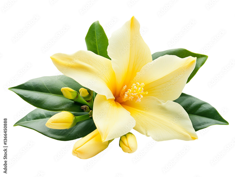 Obraz premium Pale Yellow Hibiscus Flower with Green Leaves, PNG