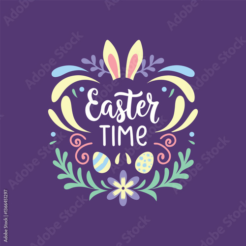 Easter Time Illustration with Bunny and Spring Flowers