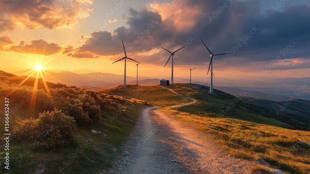 Wind turbines on a hill at sunrise create a golden, inspiring scene. Perfect for illustrating renewable energy or environmental sustainability. Wind turbines on a hill at sunrise create a golden, inspiring scene. Perfect for illustrating renewable energy or environmental sustainability.