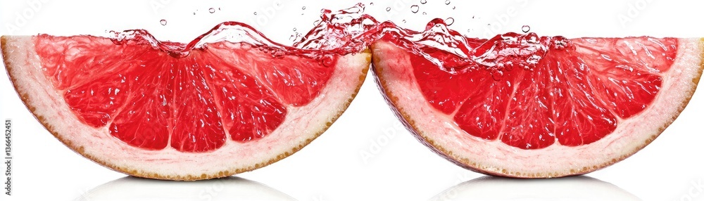 Two grapefruit halves are splashing in water on a white backdrop for recipes Two grapefruit halves are splashing in water on a white backdrop for recipes