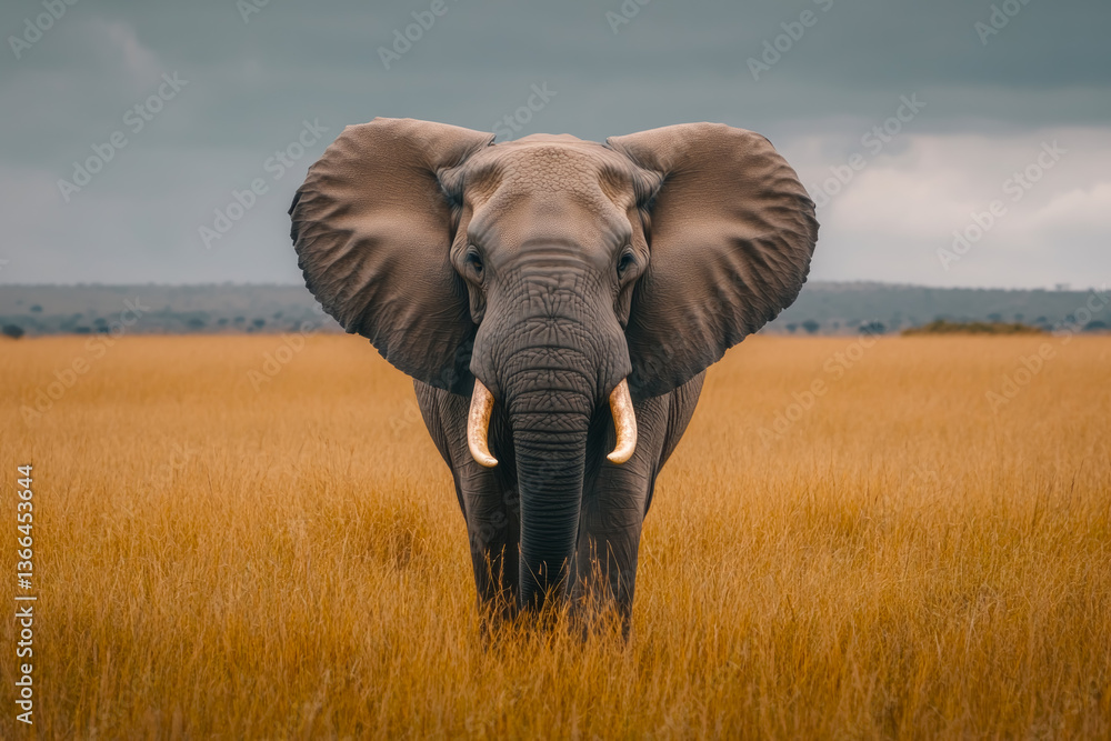 Obraz premium Majestic elephant stands proud in the savannah under a moody sky, showcasing its grandeur and resilience as nature's giant protector