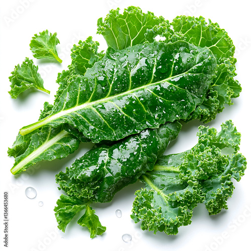 Fresh Green Kale Leaves: A close-up, top-down shot presents vibrant, textured kale leaves, glistening with water droplets, highlighting their freshness and natural appeal.